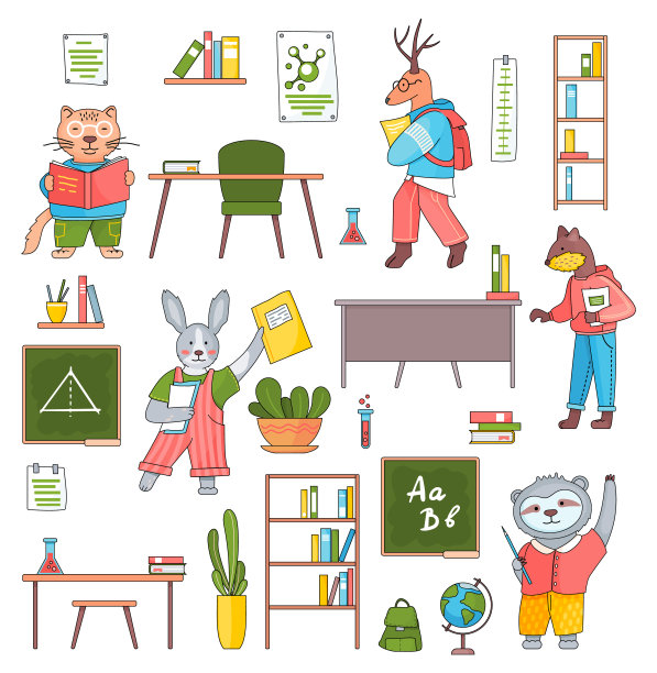 一套卡通动物学生学习，阅读，与笔记本，学习科学在大学图片下载