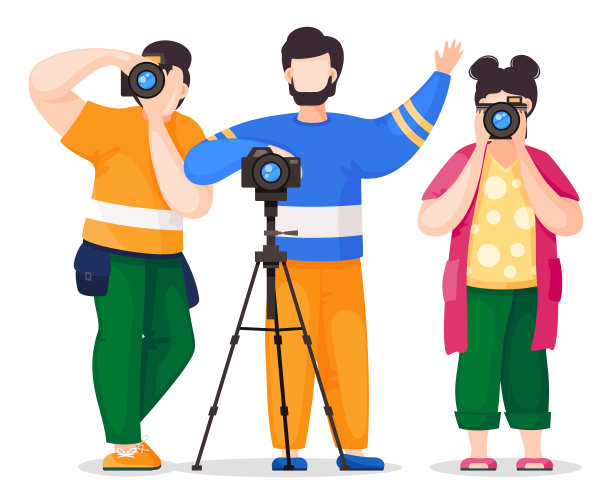 一群带着相机的狗仔队，正面，摄影师从三脚架上拍照图片下载