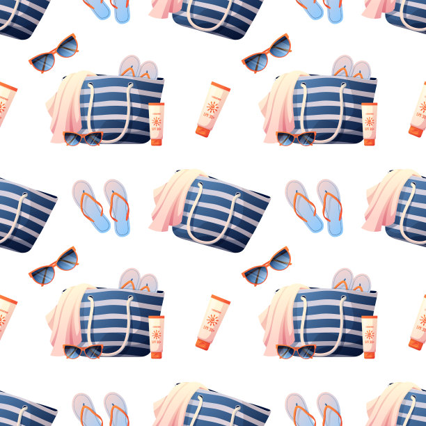 无缝图案的沙滩包，太阳镜，毛巾，防晒霜。无缝质感，夏日、沙滩点缀。适用于纺织品、纸张、墙纸图片下载