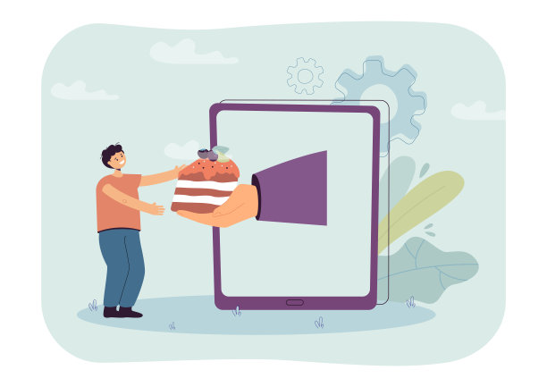 手从平板电脑屏幕里伸出来，递给男孩一块蛋糕图片下载