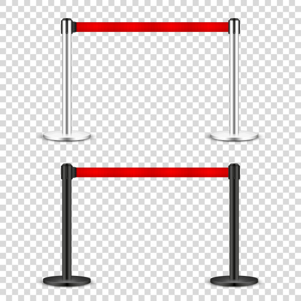 逼真的伸缩皮带支柱在透明的背景。用警示带控制人群的路障。队列。限制边界和危险带。矢量插图。图片下载
