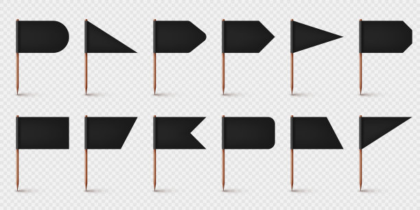 现实的各种牙签旗。木制牙签配黑色纸旗。位置标记，地图指针。广告和促销的空白模型。矢量图图片下载