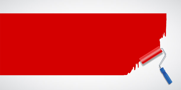 油漆滚筒把白墙刷成红漆。图片下载