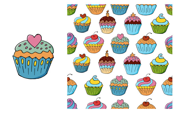 小蛋糕松饼套装元素和无缝图案图片下载