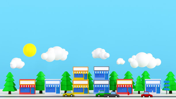 街道建筑小城市小店小店小店在小城市的道路上，3D渲染。图片下载