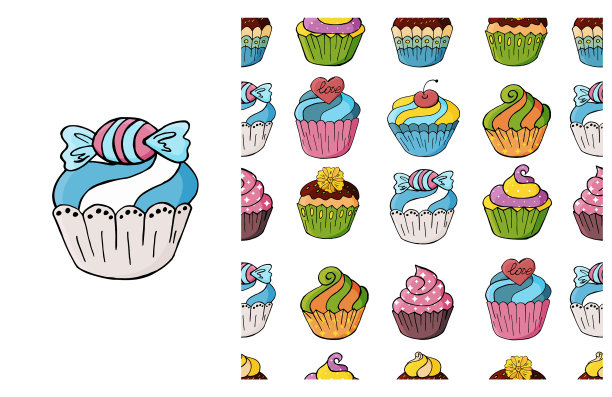 小蛋糕松饼套装元素和无缝图案图片下载