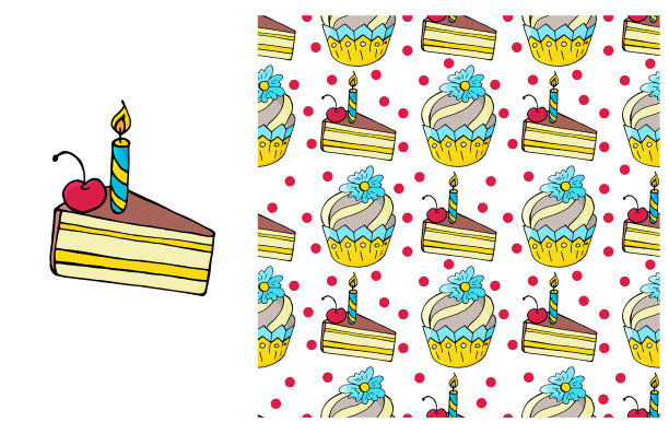 小蛋糕松饼套装元素和无缝图案图片下载