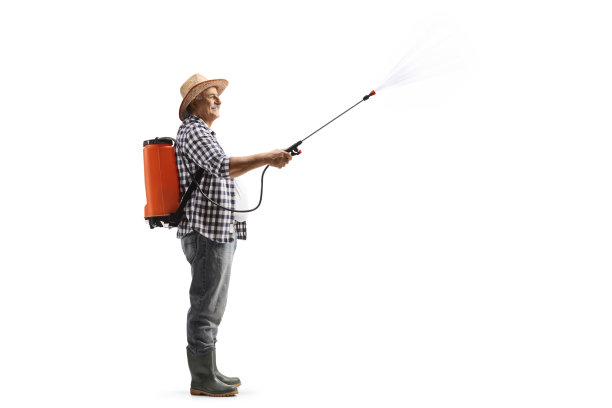 中年男人喷洒消毒剂的全身照图片下载