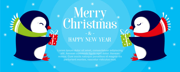 两只企鹅手里拿着礼物在蓝色的图片下载