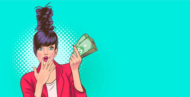 惊讶的女人拿着钱和惊讶的东西图片下载