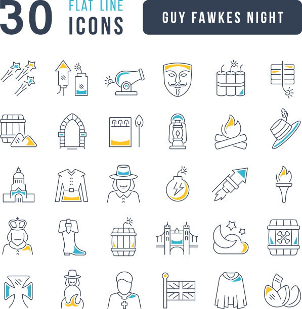 盖伊·福克斯之夜的一套线性图标图片下载