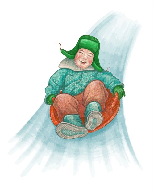 一个快乐的小男孩在冬天骑滑梯。日历或明信片上的插图，二月。图片下载