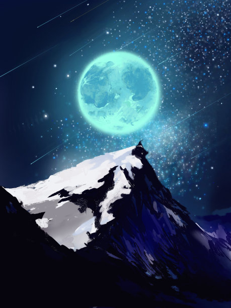 一幅风景画，蓝色的满月在星空下闪耀，白雪覆盖的山脉图片下载