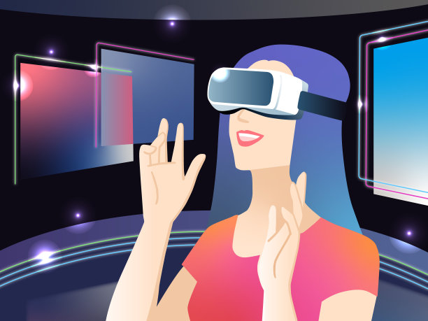 一个女人戴着虚拟现实眼镜享受虚拟空间图片下载