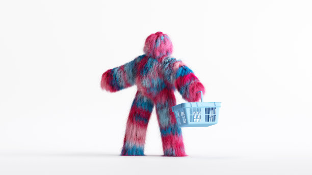 3d渲染，五颜六色的毛茸茸的雪人卡通人物拿着空的购物篮。有趣的毛茸茸的大脚怪玩具。剪贴画孤立在白色背景上图片下载