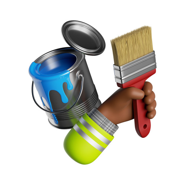 3d渲染，黑色皮肤的卡通非洲人手握着刷子和油漆桶。图片下载