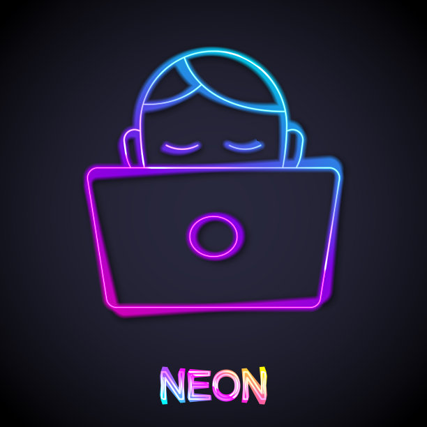 发光的霓虹灯线学生在笔记本电脑图标工作图片下载