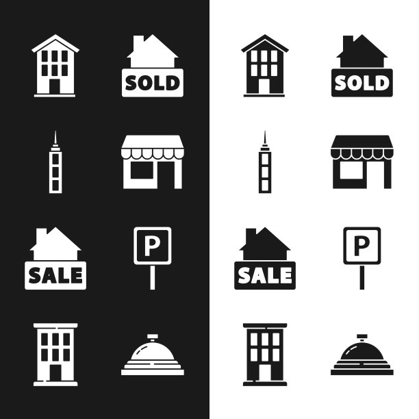 设置市集商场摩天大楼房屋悬挂招牌图片下载