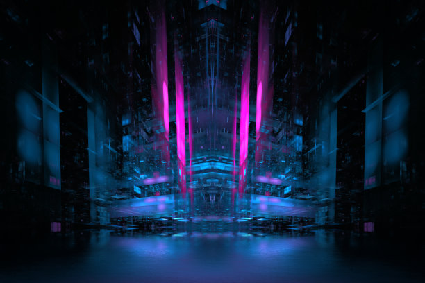 抽象的未来背景明亮的霓虹灯颜色。发光元素的建筑和背景，数字未来，幻想。设计中的数字技术。三维渲染图片下载