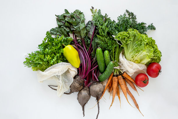 食物从上往下看环保农产品有机蔬菜网袋平铺新鲜沙拉甜菜胡萝卜西红柿黄瓜辣椒生菜图片下载