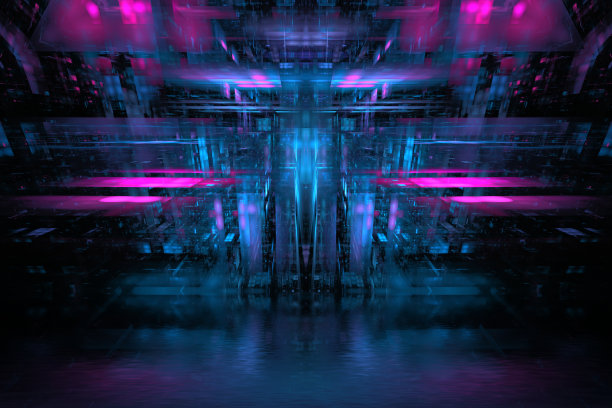 抽象的未来背景明亮的霓虹灯颜色。发光元素的建筑和背景，数字未来，幻想。设计中的数字技术。三维渲染图片下载