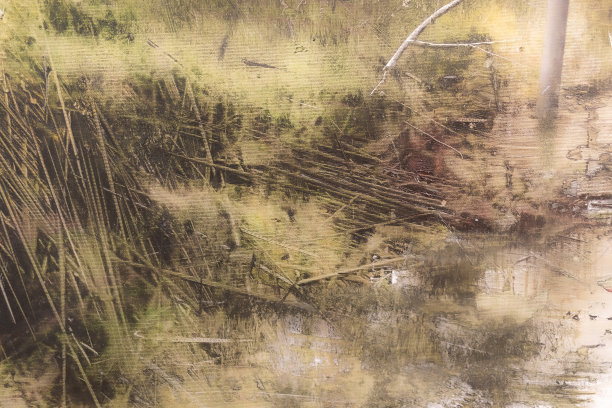 油画:抽象图案在绿色和黄色色调:草坪，树枝和树木图片下载