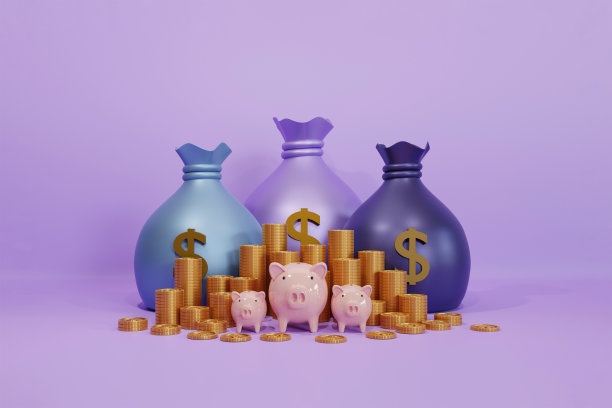 3D卡通储蓄罐与钱袋和金色硬币在紫色的背景。经营理念:节约资金和财务规划。3 d渲染插图。图片下载