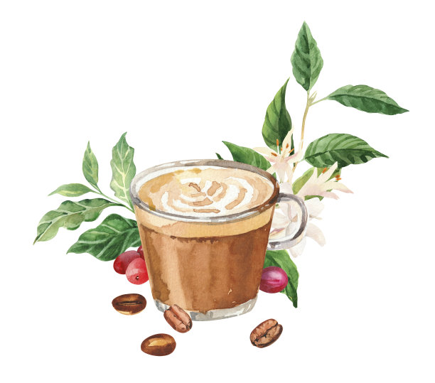 手绘水彩咖啡饮料为咖啡馆菜单。手绘水彩咖啡杯卡布奇诺，平白，咖啡拿铁图片下载