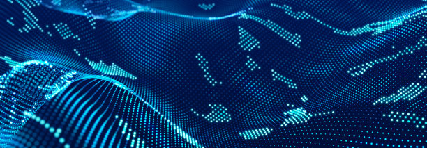 颗粒流。蓝色背景与许多发光的粒子。信息技术背景。3 d渲染。图片下载