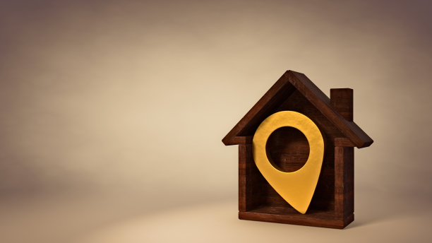 3D插图地图指针在木材家孤立在一个工作室场景背景。心在哪里，家就在哪里。剪切路径。图片下载