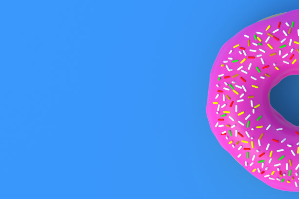 蓝色背景的釉面甜甜圈。自制的面包店。休息时间。甜的甜点。快餐。前视图。副本的空间。三维渲染图片下载