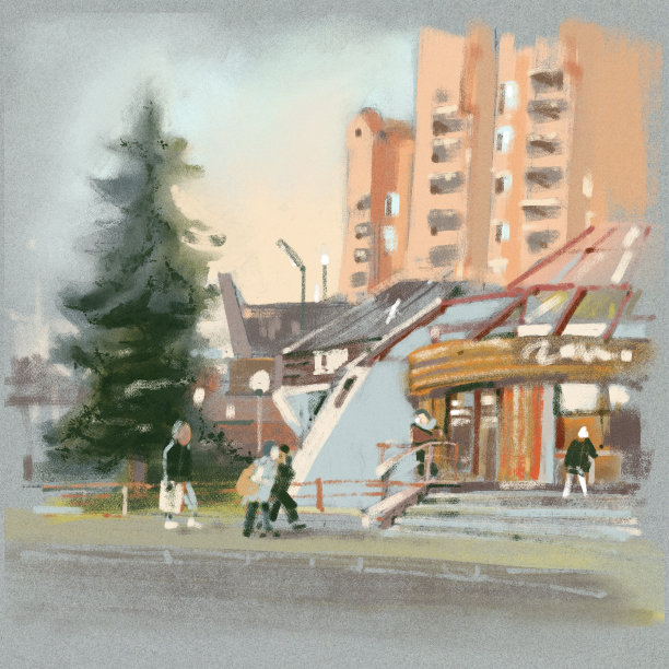 城市景观。蜡笔画。图片下载