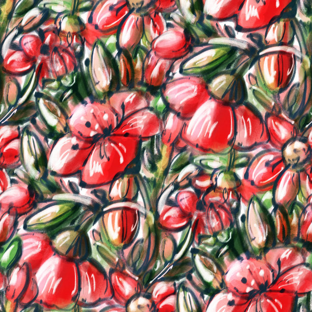 五彩缤纷的背景用红色的花朵，丙烯画。无缝模式。图片下载