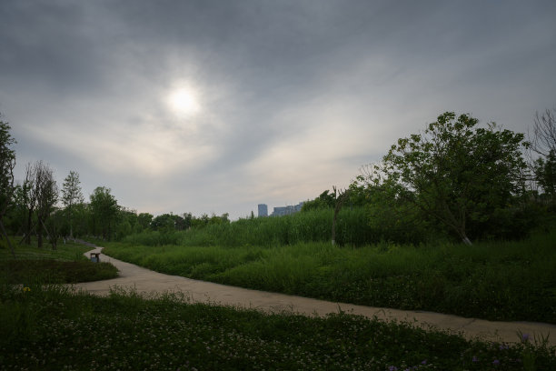 黄昏的草地和河流图片下载