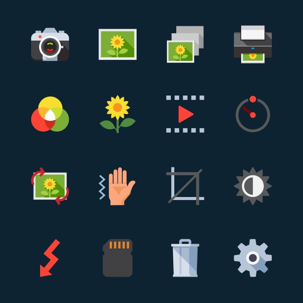 摄影和相机功能图标与黑色背景图片下载