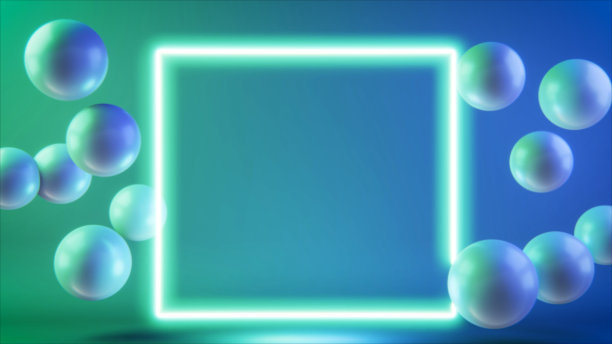 三维插图的球在运动和方形在蓝绿色的背景。图片下载