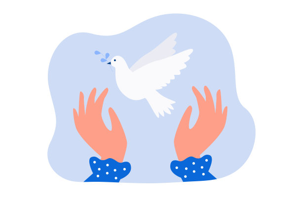 飞行和平鸽在人的手平面矢量插图图片下载