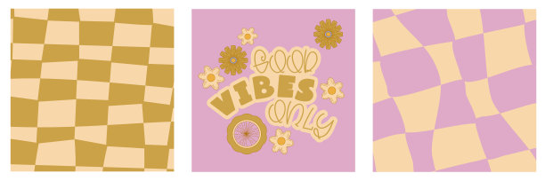 设置groovy复古海报与花，引用和抽象。嬉皮的口号只有良好的氛围和迷幻的背景。复古groovy矢量插图图片下载