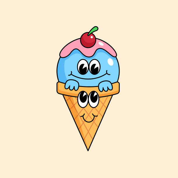 可爱的微笑可爱的冰淇淋友谊与华夫筒吉祥物人物设计。老派复古风格卡通矢量插图图片下载