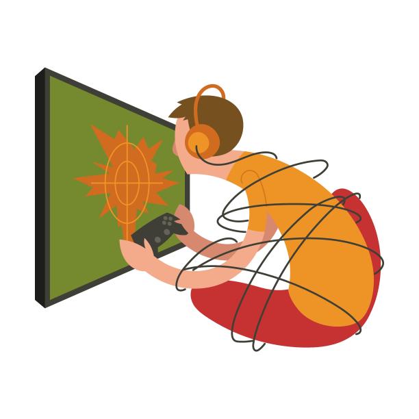 青少年玩家在电视屏幕前玩游戏机。卡通向量图片下载