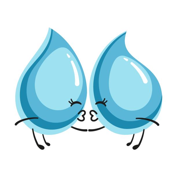 水滴亲吻，可爱的性格。矢量插图的有趣的蓝色水吉祥物。卡通冷清的雨滴或溅上孤立的白色液体图片下载