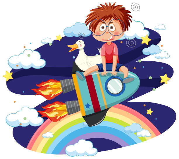 一个男孩和一只鸭子骑在火箭上图片下载
