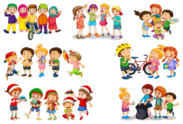 一套不同的孩子玩他们的玩具卡通人物孤立在白色背景图片下载