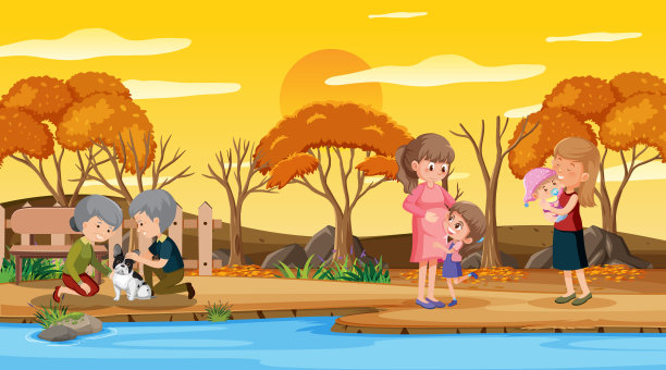 公园日落时分的场景与公园里的人图片下载