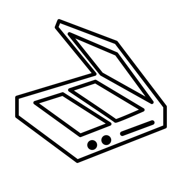 扫描仪图标。白色背景上的细线条扫描仪轮廓图标。用于Web和移动设备的线条矢量扫描仪标志、符号。图片下载