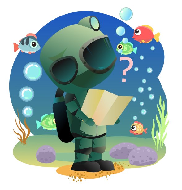 潜水员在复古水肺装备研究地图上的路线。池塘底穿着潜水服的人。有趣的卡通风格。极限运动。在湖里或海里的人。空气泡沫。小男孩游泳在白色载体上孤立图片下载