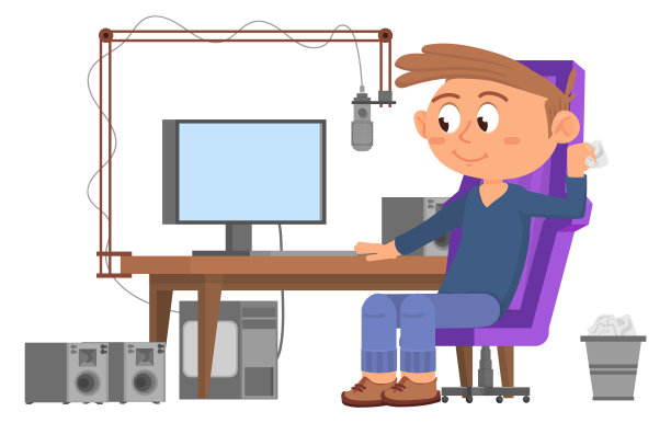 孩子录制播客。有趣的卡通人物坐在电脑桌前图片下载