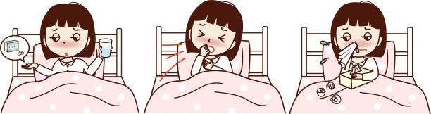 一幅年轻女子躺在床上感到恶心的插图。吃药，咳嗽，流鼻涕。图片下载