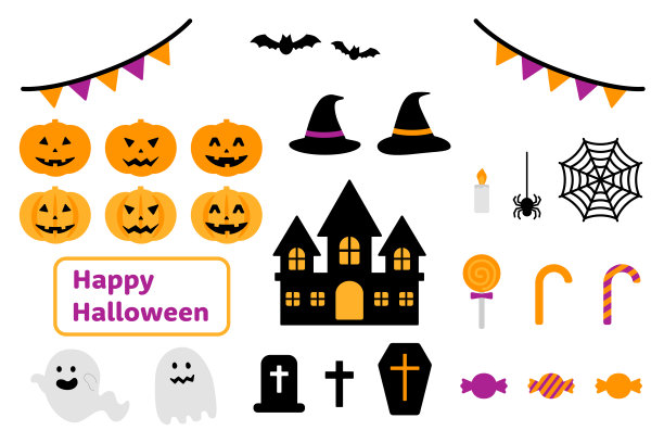 万圣节插画套装(南瓜、房子、蝙蝠、糖果等)图片下载