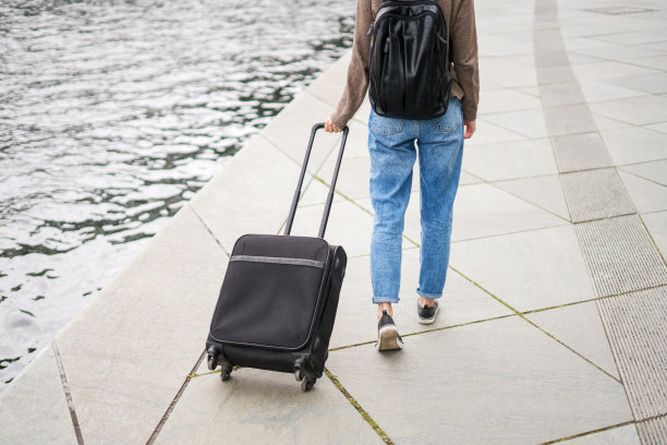 独自一人提着行李箱走在大街上图片下载